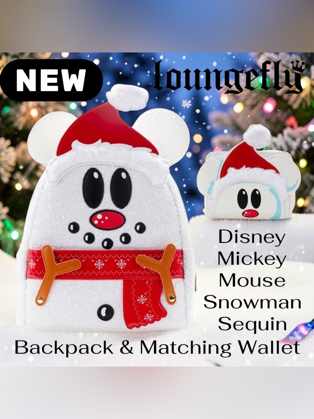 NWT Disney Loungefly Mickey Mouse Sequin Snowman Backpack & Matching Wallet